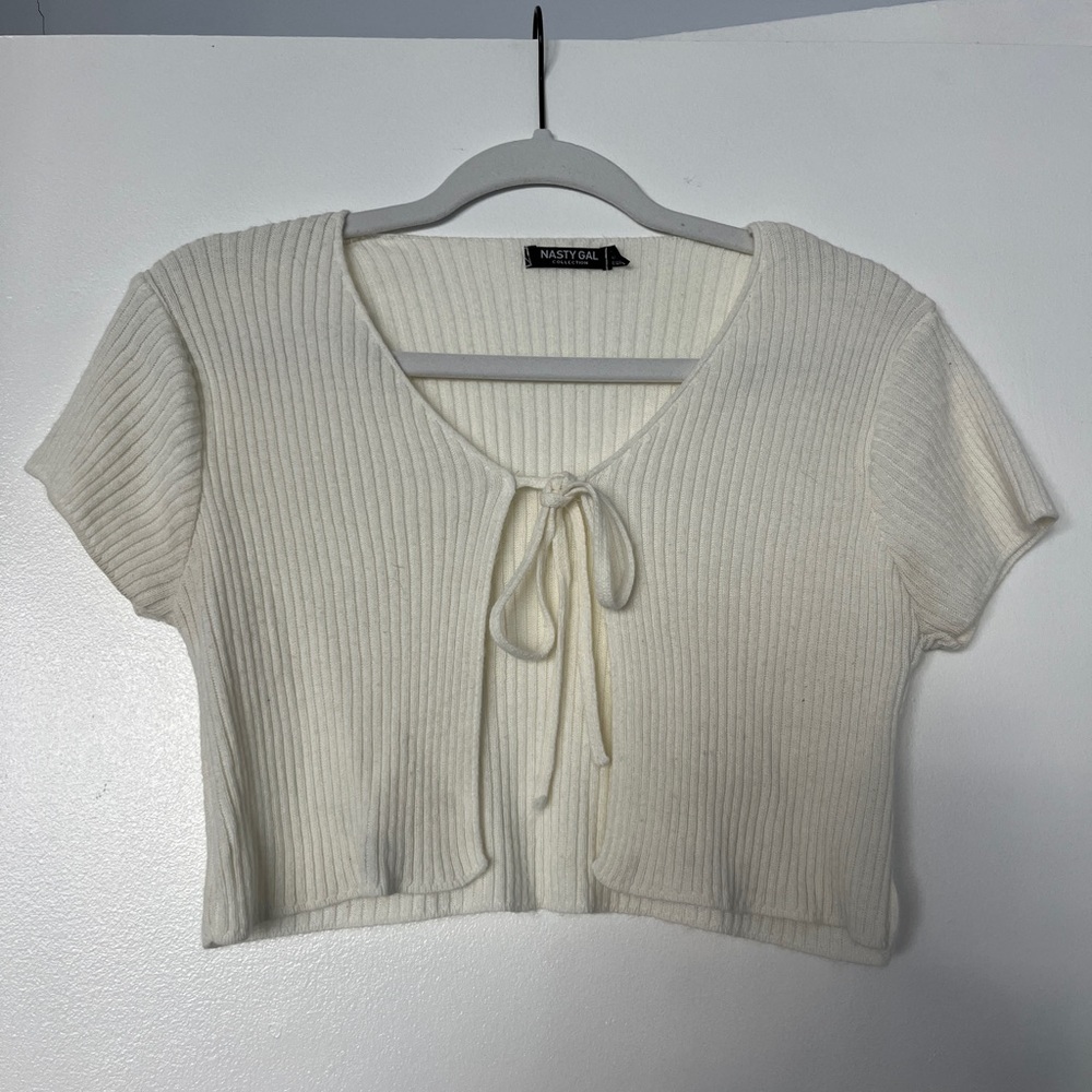 Nasty Gal Cream Ribbed Crop Top with Tie-Front